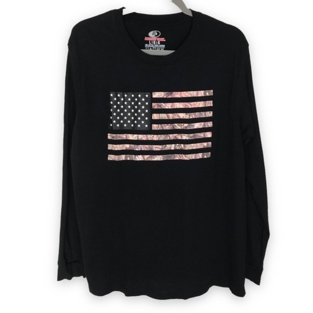 Mossy Oak Camouflage Flag Black T Shirt Crew Neck Long Sleeve Mens Size Large